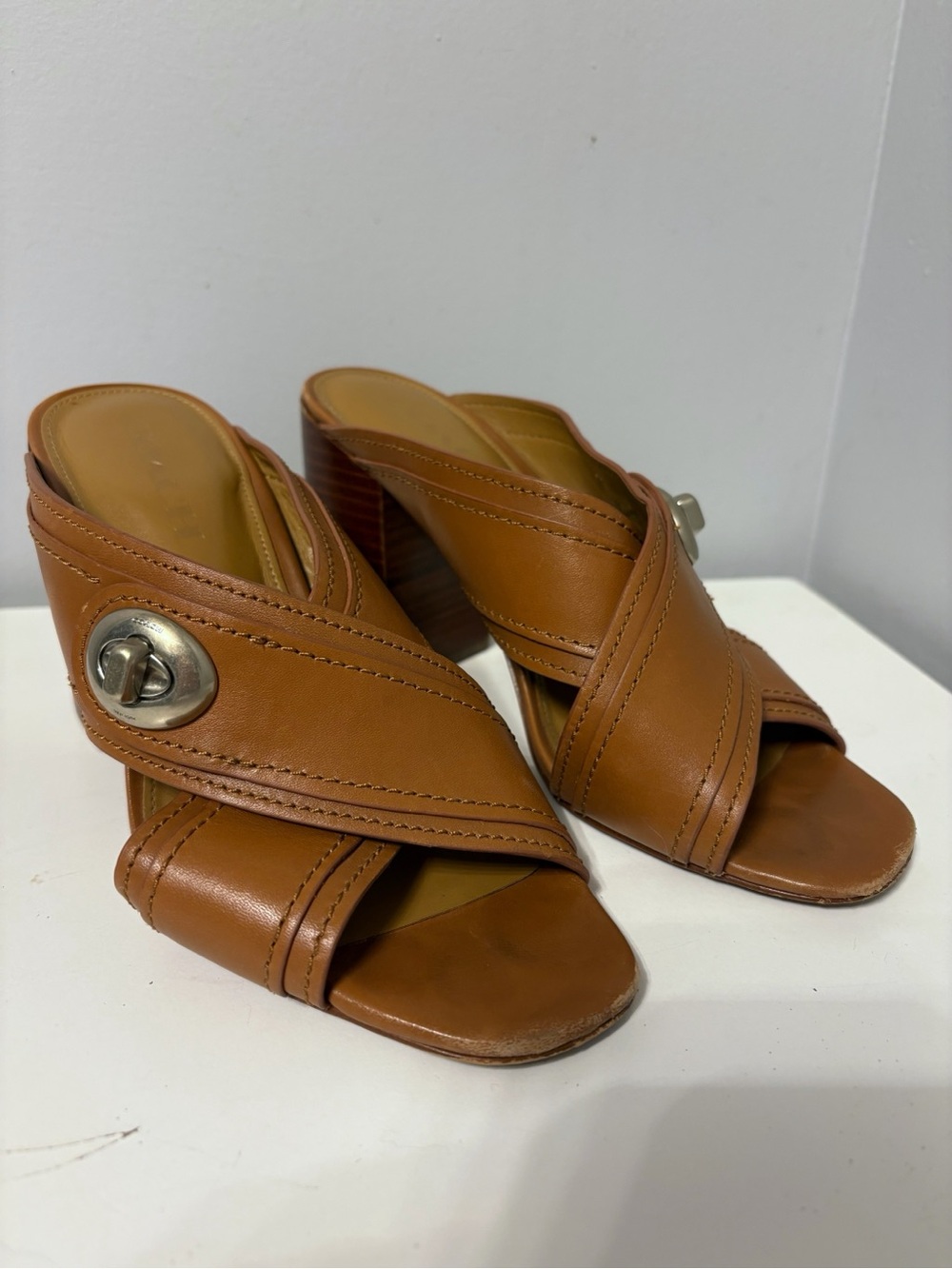 Tan Leather Crisscross Wedge Coach Slide Sandals
